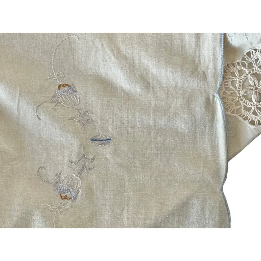 Embroidered Tablecloth With Blue Floral Cutwork Crocheted Inserts Vintage